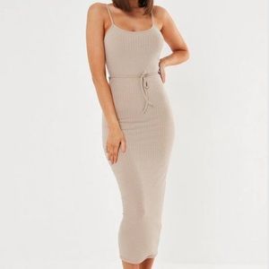 petite beige ribbed tie belted cami midaxi dress